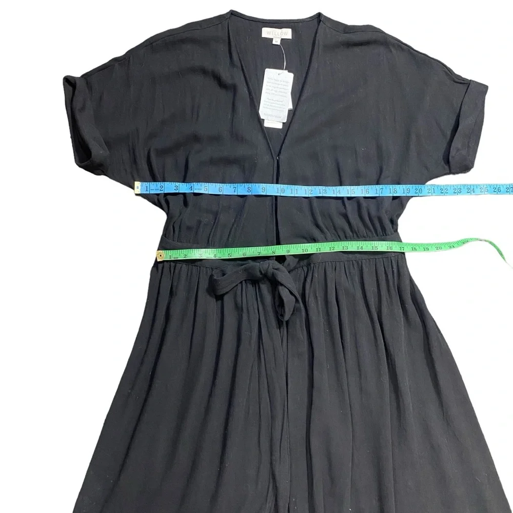 WILLOW Anthropologie Womens Wrap Dress Midi Black short Sleeve Size M Linen NEW - Picture 9 of 15